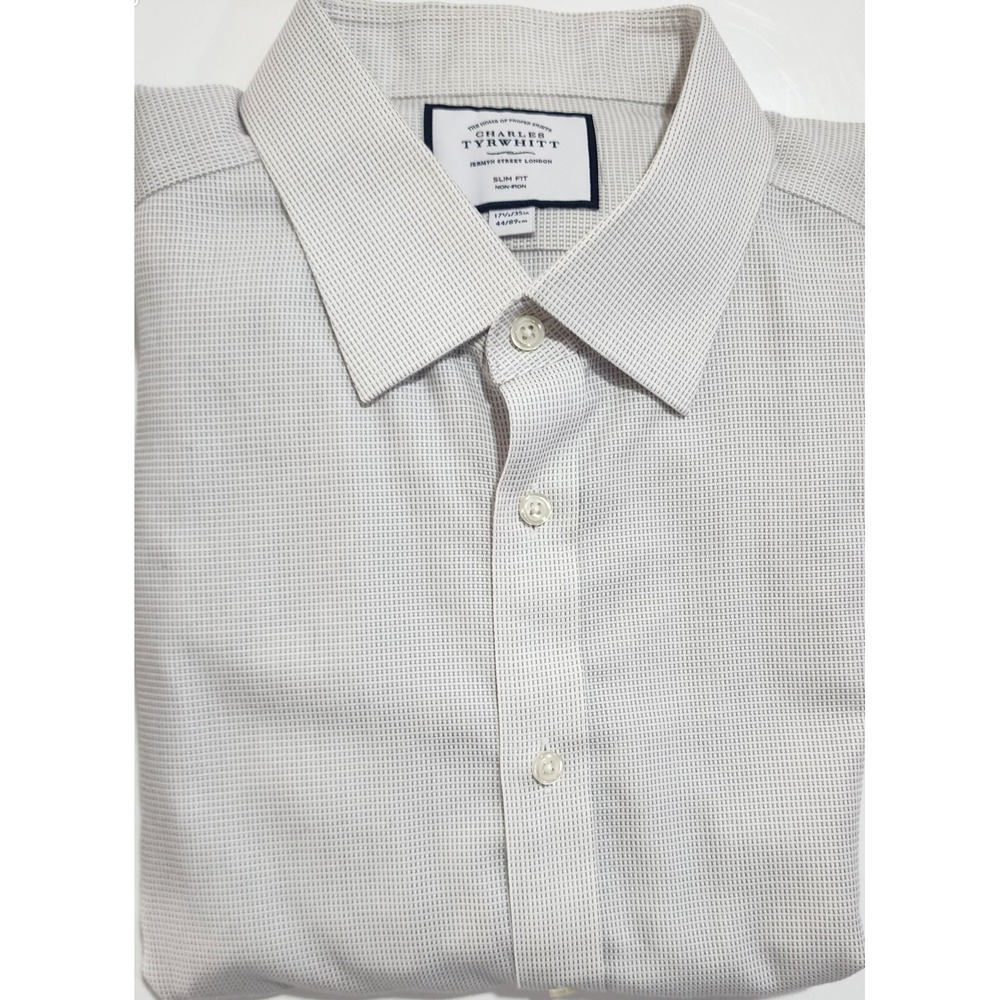Charles Tyrwhitt Men's Grey Check Non-Iron Slim-Fit Dress Shirt Size 17.5 X 35